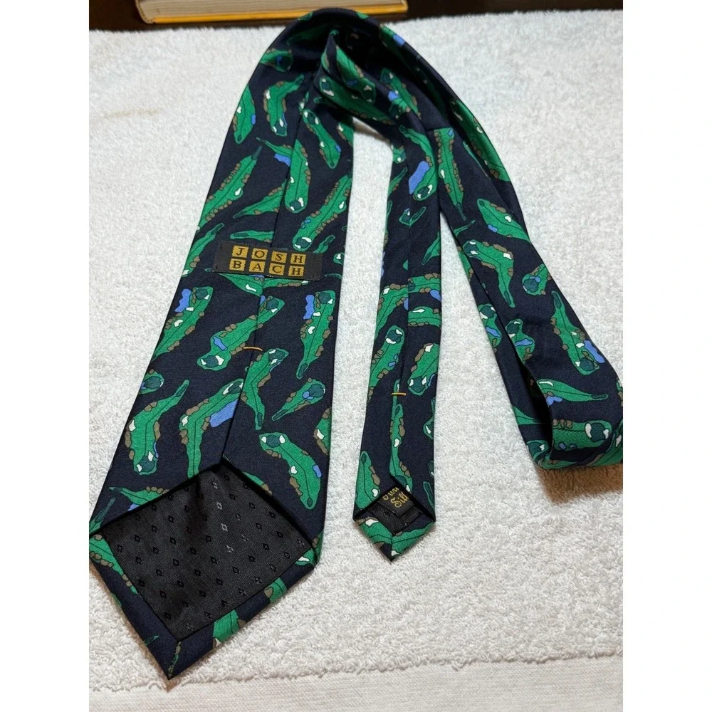 Josh Bach Mens Silk Tie Golf Course Aerial View Navy Blue Green Hand Finished